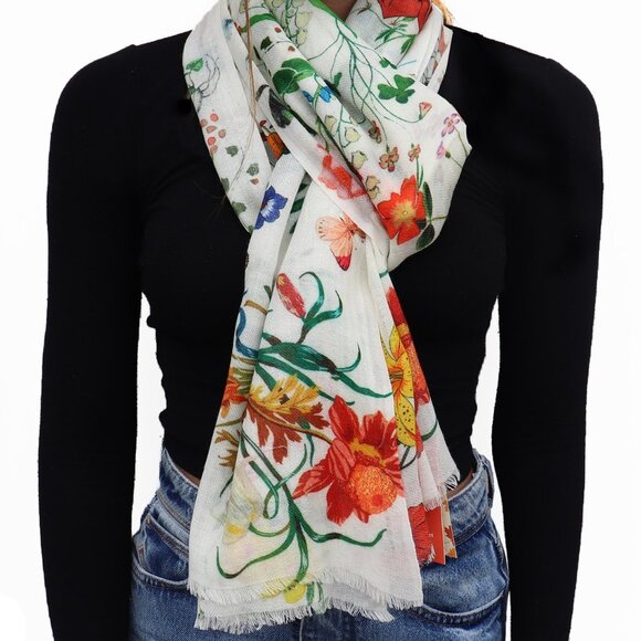 Block Printing Floral Design Wool Scarf - Picture 1 of 4